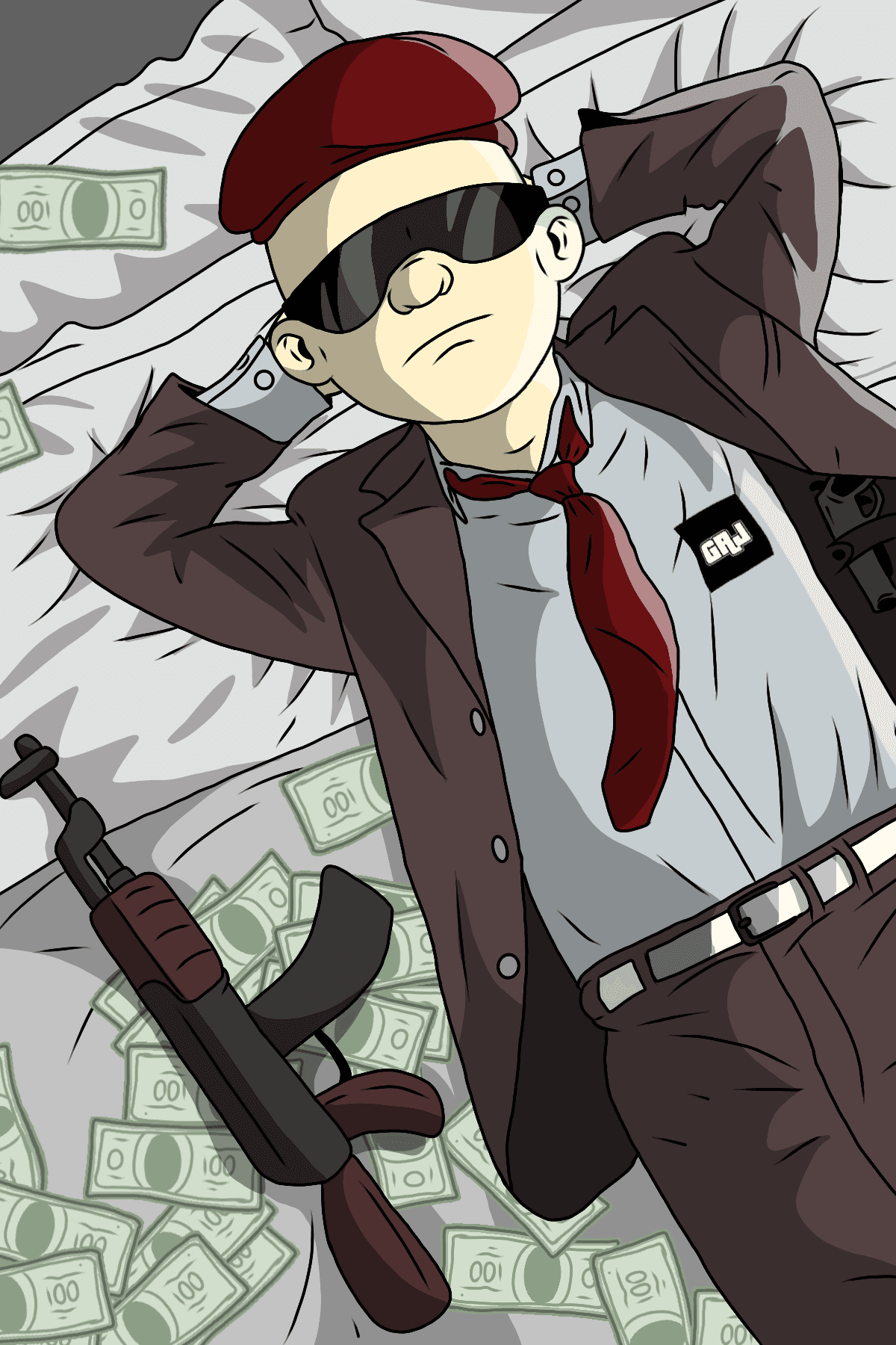 GRJ character in a suit and shades, lounging on a pile of cash with an AK-47